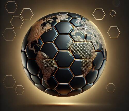 DALL·E 2024-12-13 01.08.27 - A stylized globe with the surface resembling a soccer ball pattern, blending continents with hexagonal and pentagonal shapes. The globe should be rend